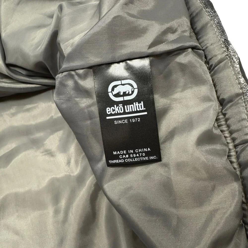 ECKO UNLTD Grey Black Camo Sleeveless‎ Hoodie Bomber Puffer Vest Jacket Coat Y2K